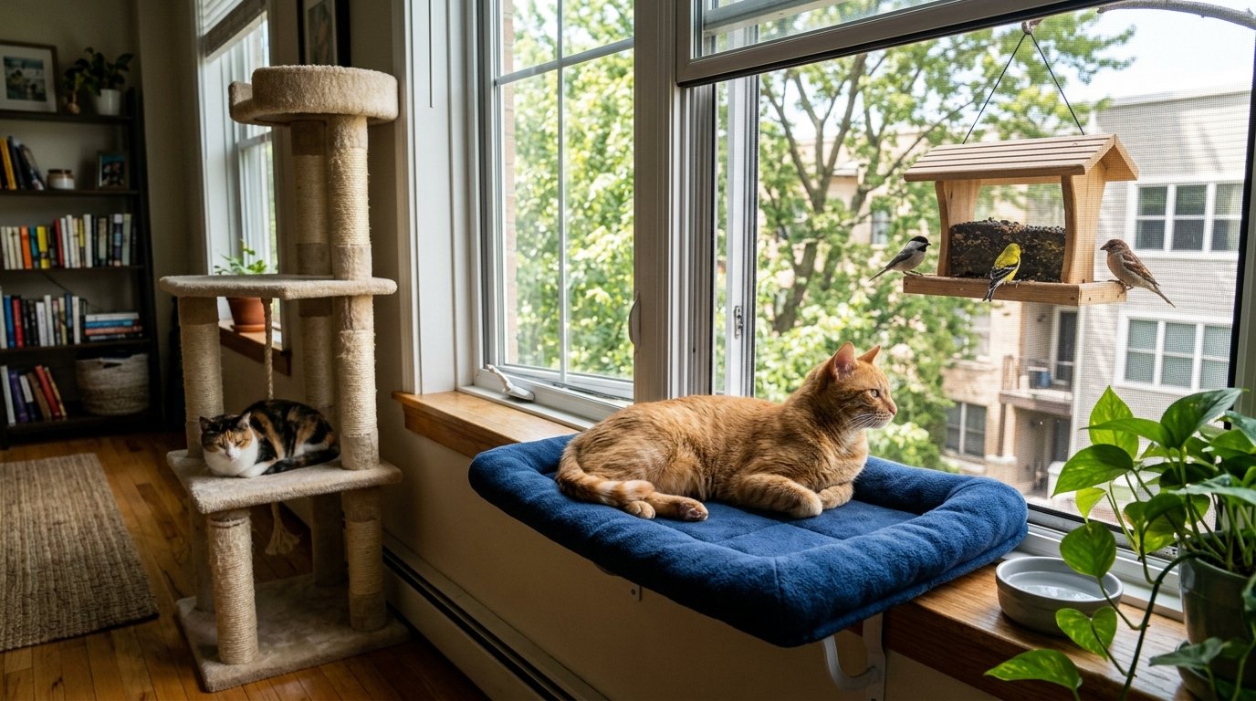 how to tire out hyper indoor cat — exhausted cat lying flat and deeply settled after an intense wand toy play session showing the solved problem
