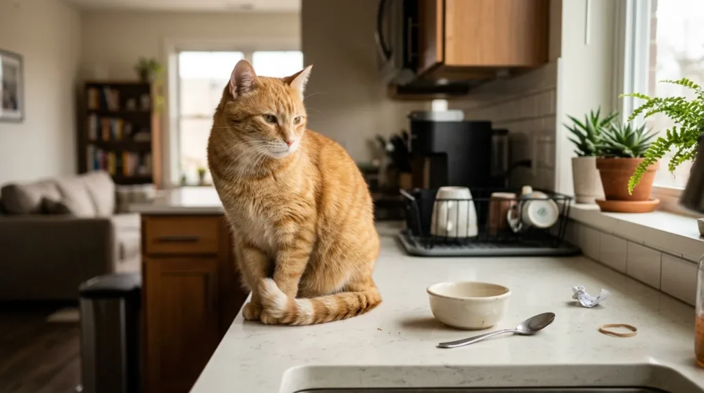 indoor cat boredom knocking things — restless indoor cat sitting on apartment kitchen counter eyeing objects