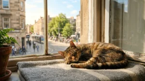  crepuscular cat biology — cat sleeping deeply on window ledge during midday quiet period 
