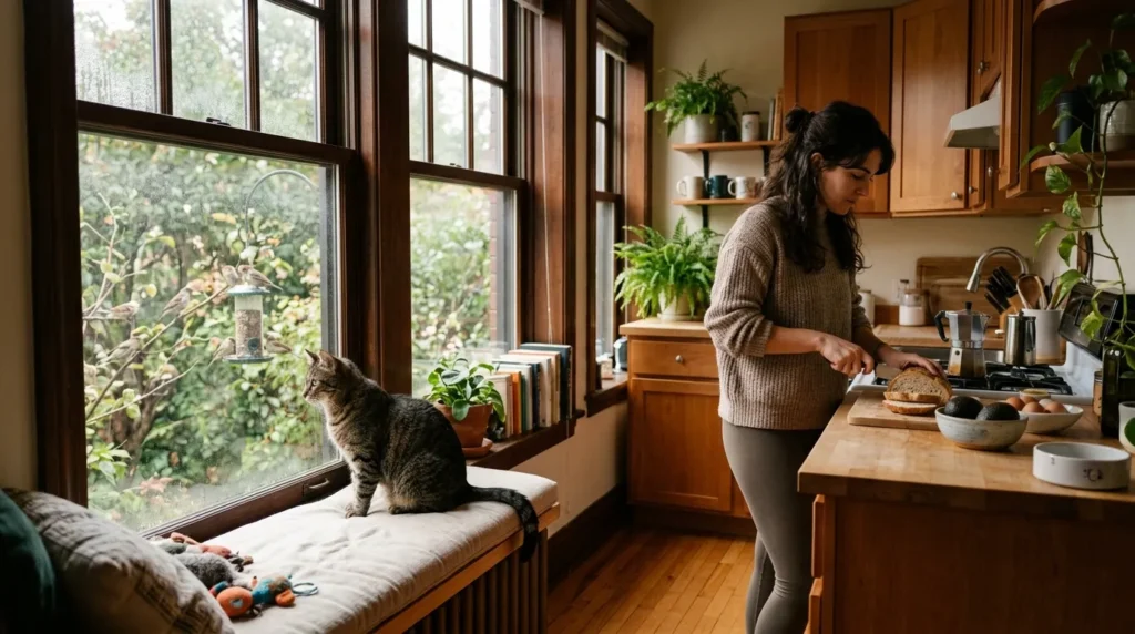 Why Does Indoor Cat Sleep So Much? — alert cat at window perch during crepuscular morning activity period 