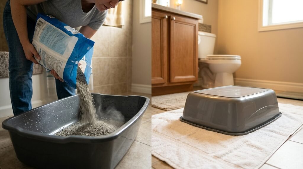 litter box cleaning mistakes that cause smell — owner refilling a wet litter box immediately after washing without allowing it to dry showing the most common error