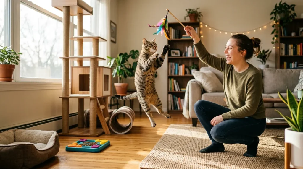fix indoor cat depression enrichment — owner playing wand toy with leaping cat in enriched apartment with cat tree and puzzle feeder visible