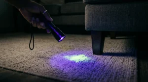 UV blacklight cat urine spot — UV flashlight revealing glowing stain on light rug near apartment sofa