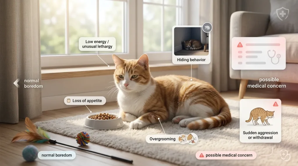 When Boredom Signs Point to Something Medical? photorealistic infographic showing an indoor cat with low energy, loss of appetite, overgrooming, hiding behavior, and withdrawal, highlighting possible health concerns in a home setting
