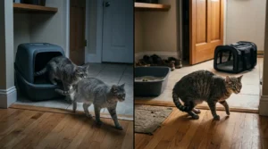 Split image of a cat repeatedly going to a litter box with little output, then appearing distressed nearby, suggesting a serious urinary issue.