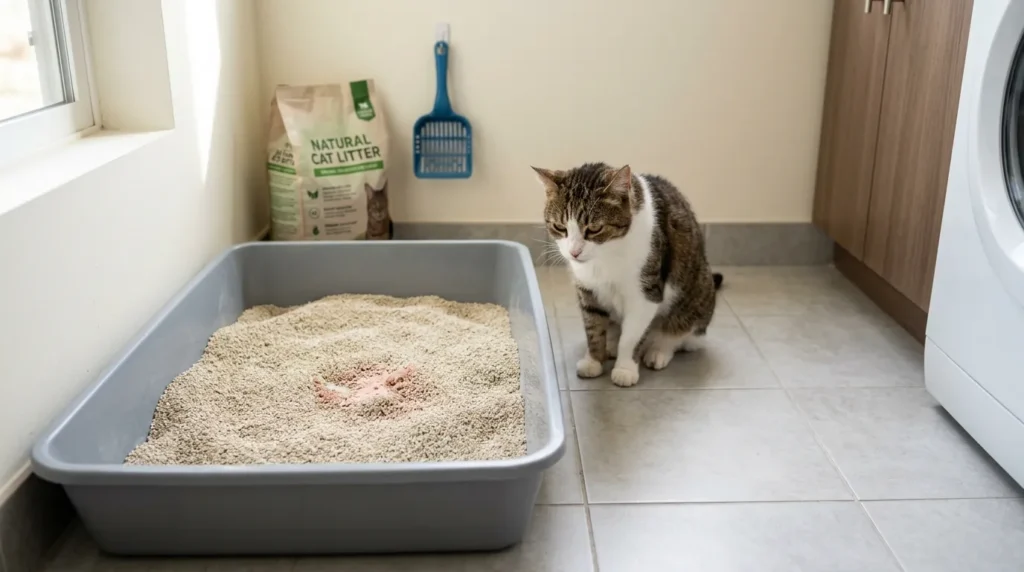 Cat litter box with visible blood-tinted urine indicating potential urinary problem in cats