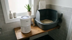 activated carbon air purifier near litter box — small purifier on shelf next to clean litter box in apartment bathroom