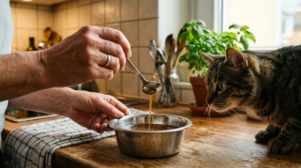 adding broth to cat water bowl indoor cat hydration — owner spooning chicken broth into water bowl with interested tabby watching in apartment kitchen