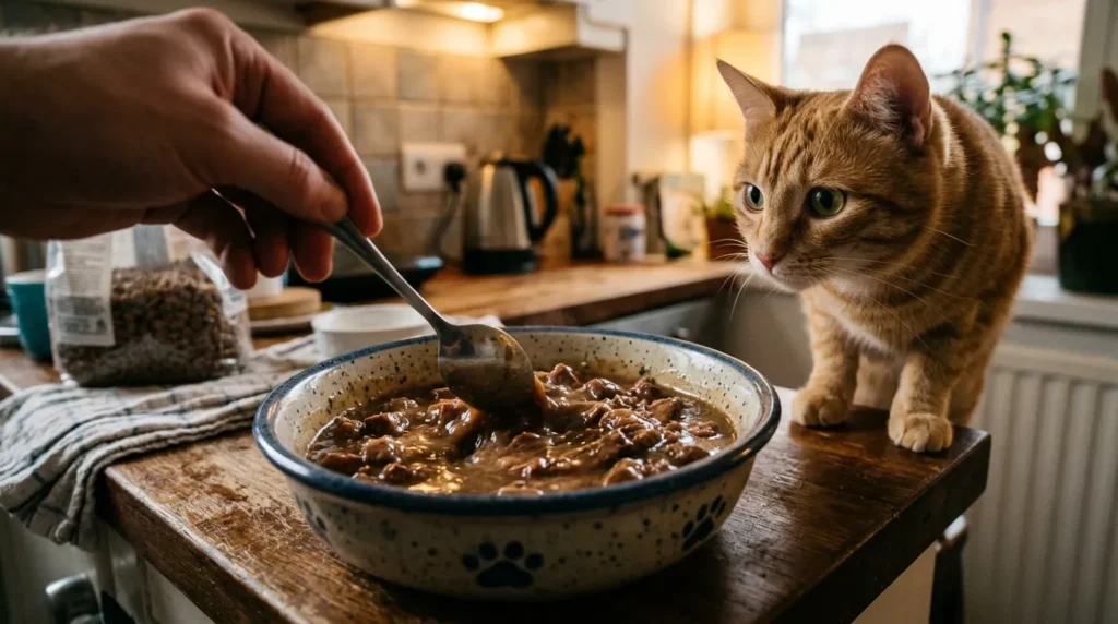 adding water to wet food indoor cat hydration — spoon mixing warm water into wet cat food creating gravy while orange cat watches