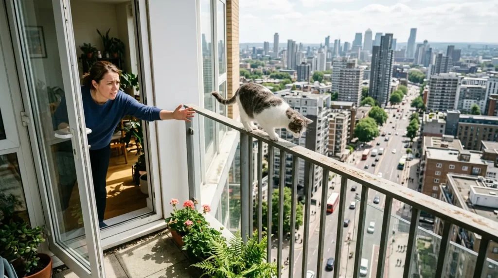balcony cat proofing apartment — cat perched on balcony railing with owner reaching out in concern