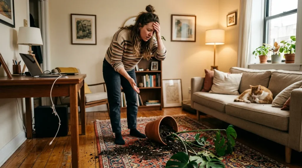 apartment cat proofing mistakes — owner seeing knocked plant and chewed cord on floor while cat sits unbothered