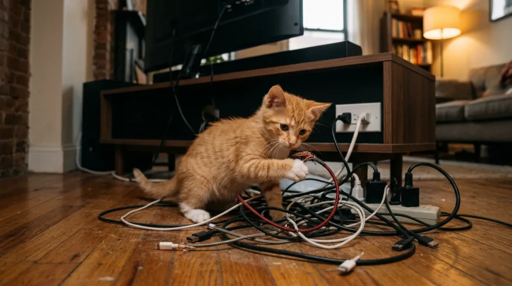 apartment cat cord safety — orange kitten pawing tangled charging cables behind TV stand