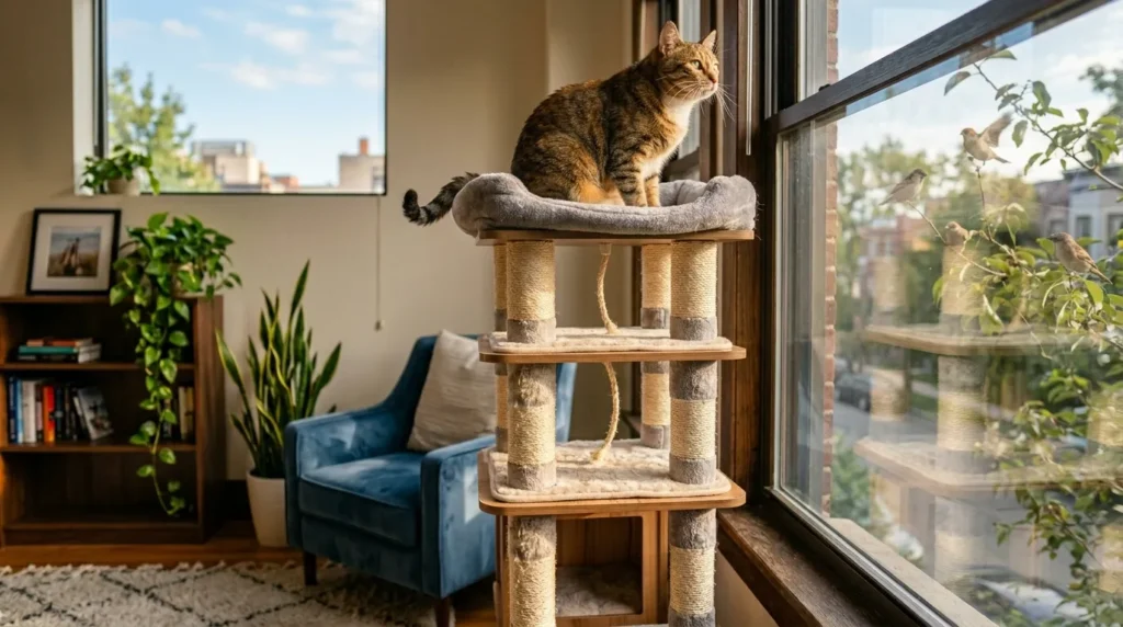 apartment cat enrichment — tabby cat on top of cat tree looking out sunny apartment window at birds
