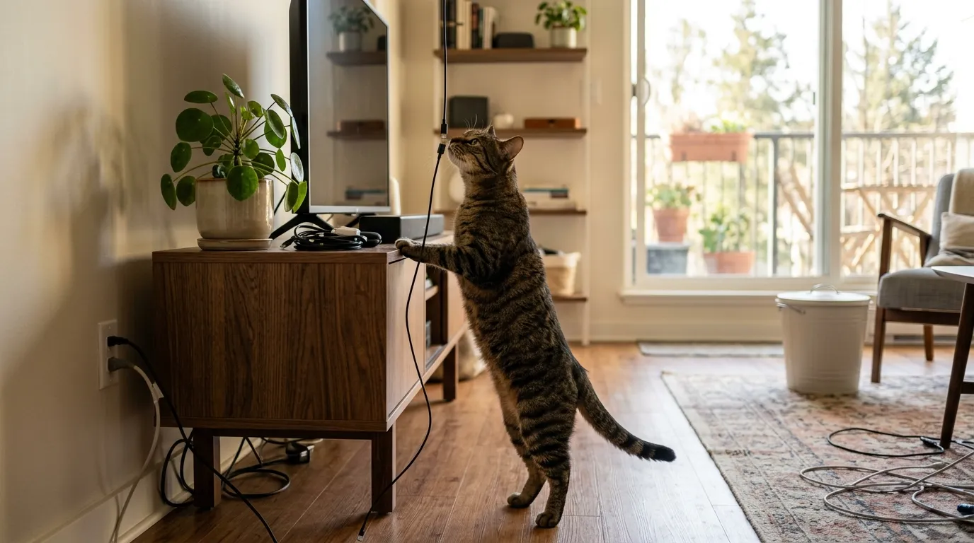 apartment cat proofing checklist — tabby cat sniffing dangling phone charger cord near TV stand in modern apartment
