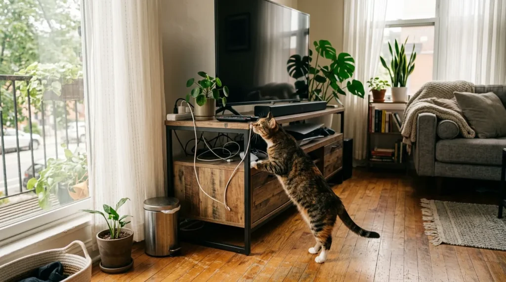 room by room apartment cat proofing — woman crouching at floor level spotting cord and coin hazards under sofa
