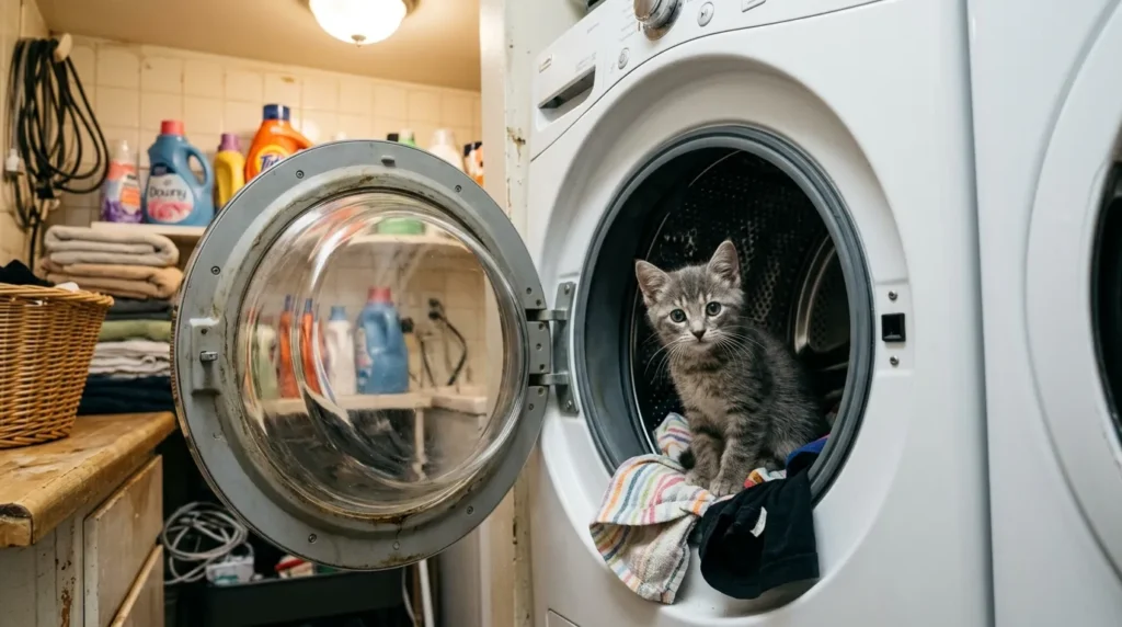 apartment cat proofing laundry — kitten sitting inside open washing machine drum in apartment laundry room