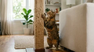 apartment cat scratching post — striped cat using sisal post next to couch in bright apartment living room