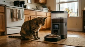 automatic feeder midday indoor cat schedule — timed feeder dispensing lunch portion for tabby cat in apartment kitchen