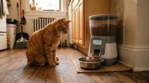 automatic timed feeder indoor cat meal schedule — orange cat waiting at timed feeder dispensing kibble in apartment kitchen
