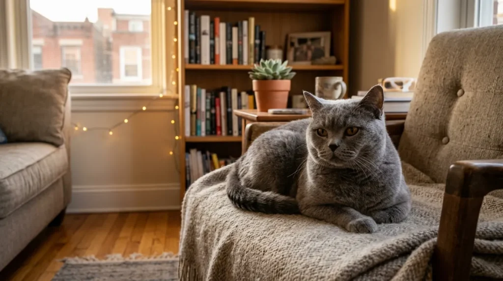 British Shorthair apartment cat — stocky blue-gray British Shorthair cat settled calmly in a small apartment showing low-maintenance temperament for small-space living