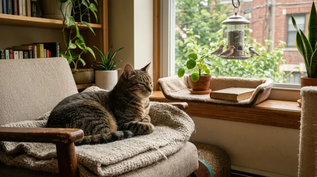 mixed breed apartment cat — calm domestic shorthair mixed breed cat settled happily in a small apartment showing that breed matters less than individual temperament