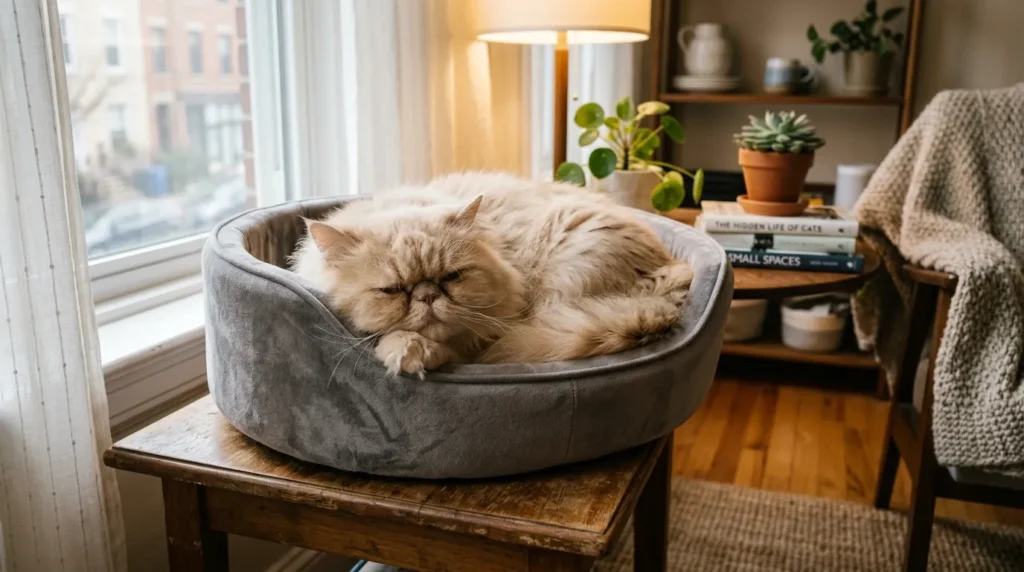 Persian cat apartment living — flat-faced Persian cat resting peacefully on a soft bed in a small apartment showing the extremely low-energy temperament ideal for studio living