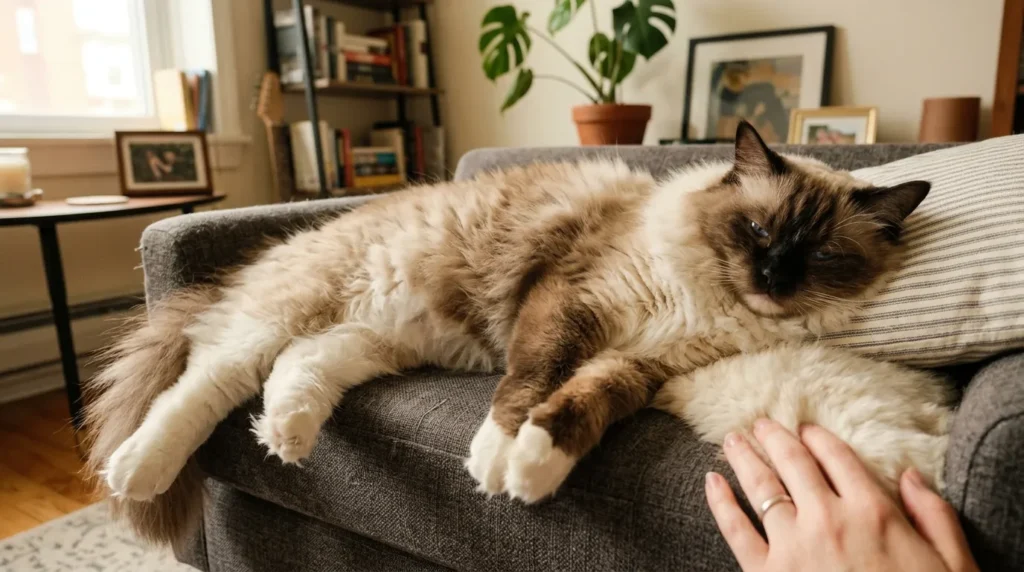 Ragdoll apartment cat — large blue-eyed Ragdoll cat relaxing contentedly on a couch in a small apartment showing the affectionate low-energy temperament