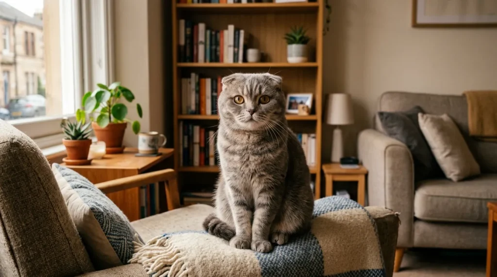 Scottish Fold apartment cat — round-faced Scottish Fold cat with folded ears sitting contentedly in a compact apartment showing the gentle adaptable temperament