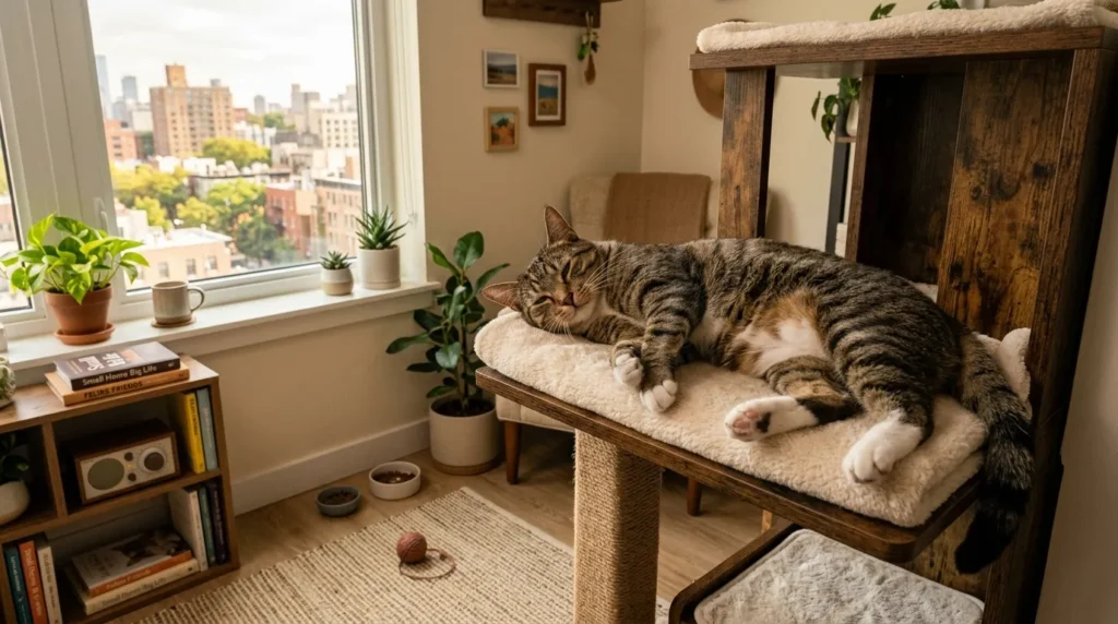best cat breeds apartment living traits — calm cat lounging on a perch in a small apartment showing the low-energy settled temperament that suits small spaces