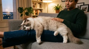 Ragdoll cat apartment lap cat — Ragdoll draped across owner's lap in apartment showing the physical affection that makes this breed ideal for small-space companionship