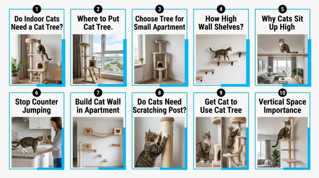 best cat furniture for indoor cats guide — realistic infographic showing 10 cluster topics for apartment cat furniture