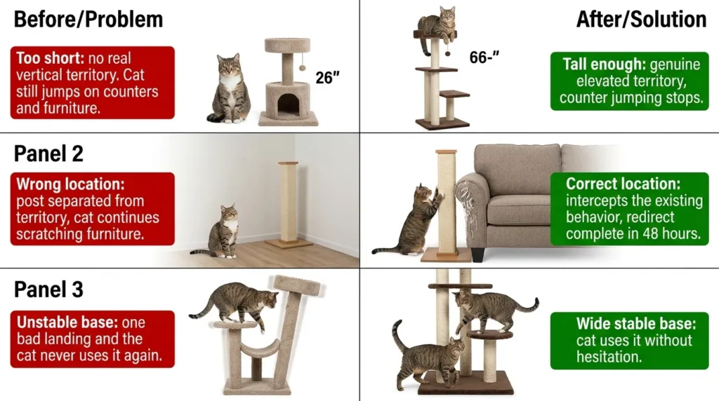  best cat furniture for indoor cats mistakes — realistic infographic showing 3 most common furniture errors with problem and fix