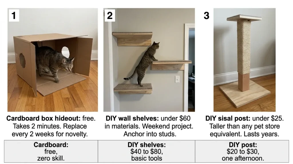 diy cat furniture budget indoor cats — realistic infographic showing three budget and diy options with cost and skill level