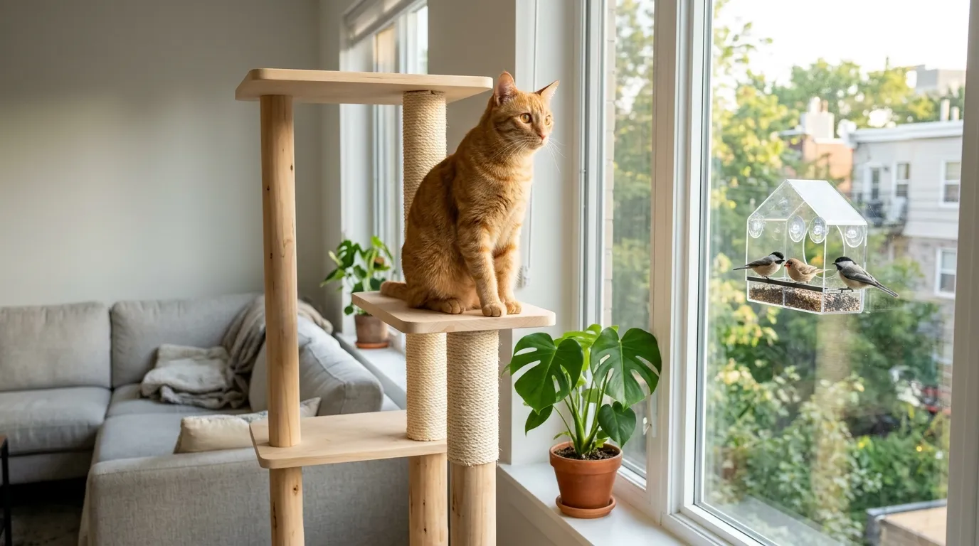 best cat furniture for indoor cats — a real tabby cat perched confidently on the top platform of a tall modern cat tree beside an apartment window with a bird feeder visible outside