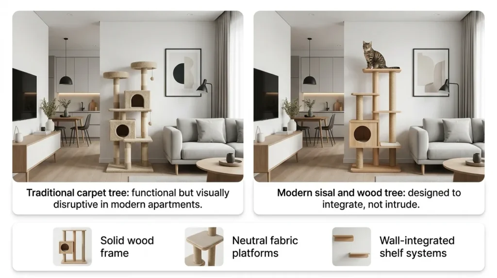 modern cat furniture indoor cats apartment aesthetic — realistic infographic comparing traditional carpet cat tree versus modern wood and sisal cat furniture