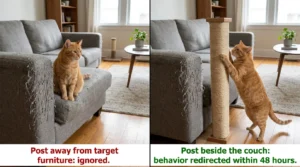 scratching post placement indoor cats — cat ignoring post in corner versus cat using post beside damaged couch area