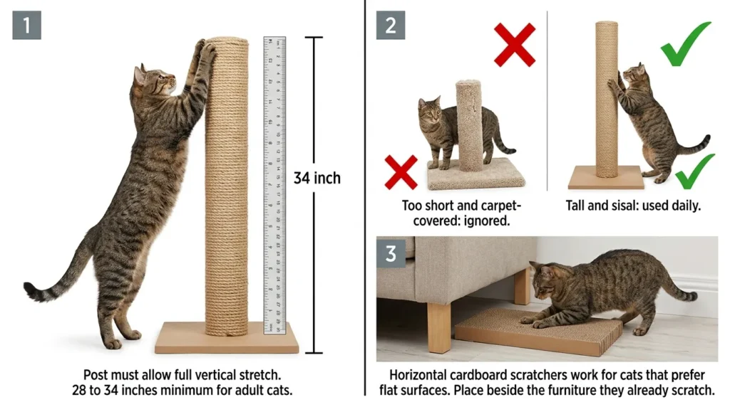 best scratching post indoor cats — realistic infographic showing correct post height material and placement versus common mistakes