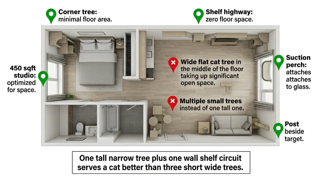 cat furniture small apartment space saving — realistic infographic showing studio apartment layout with cat furniture placement and zero wasted floor space
