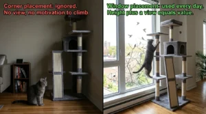 cat tree placement indoor cats — cat ignoring tree in corner versus cat using tree placed beside apartment window