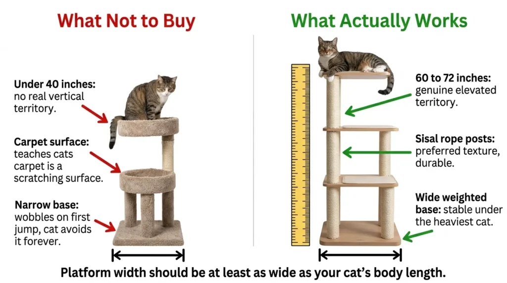 best cat tree for indoor cats — realistic infographic comparing correct tall stable cat tree versus short unstable cat tree