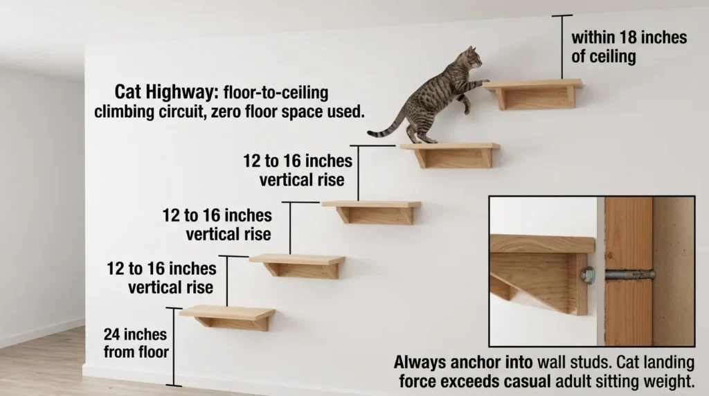 cat wall shelves indoor cats small apartment — realistic infographic showing correct shelf height spacing and cat highway layout
