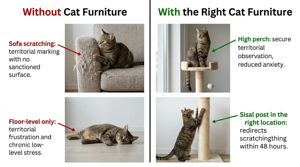 best cat furniture for indoor cats why it matters — realistic infographic showing behavioral benefits of cat trees and scratching posts