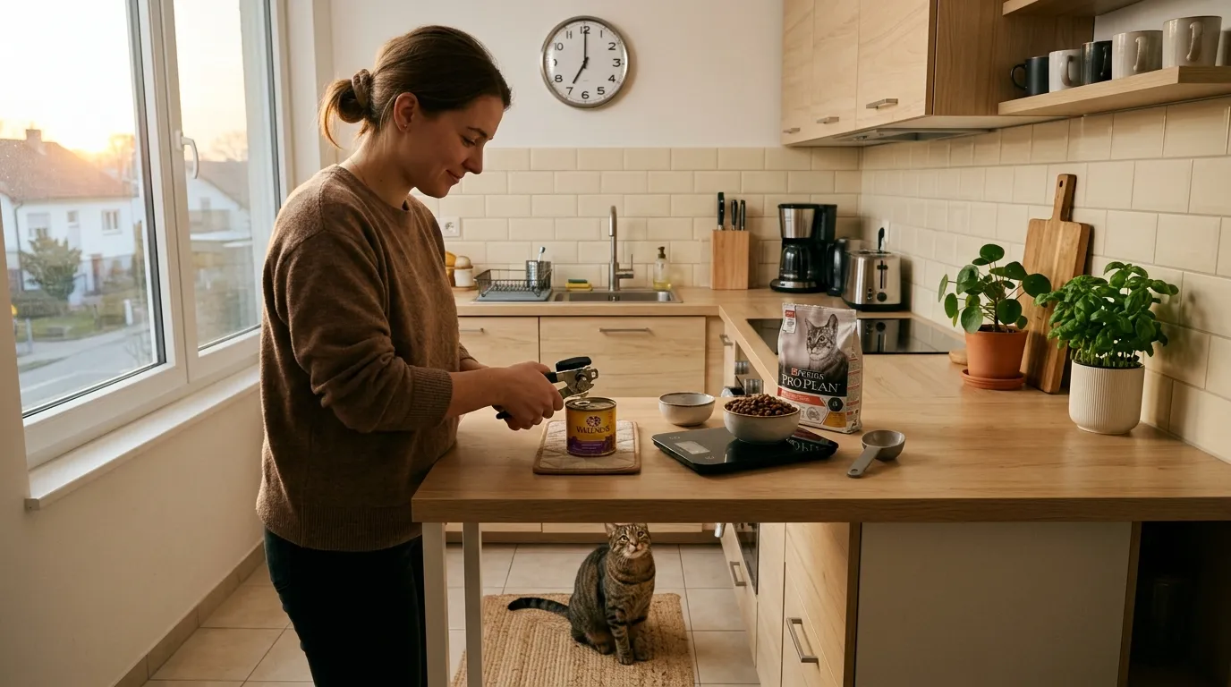 best feeding schedule for indoor cats — owner preparing morning meal with wet food and measured kibble while tabby waits in apartment kitchen