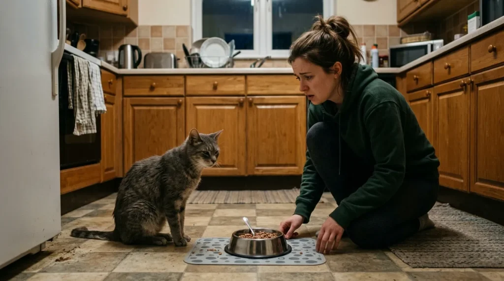 indoor cat feeding schedule appetite change warning — owner beside untouched bowl with disinterested thin cat in apartment