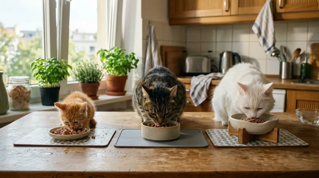 best feeding schedule indoor cats by age — kitten adult and senior cat eating at different portion setups in apartment kitchen