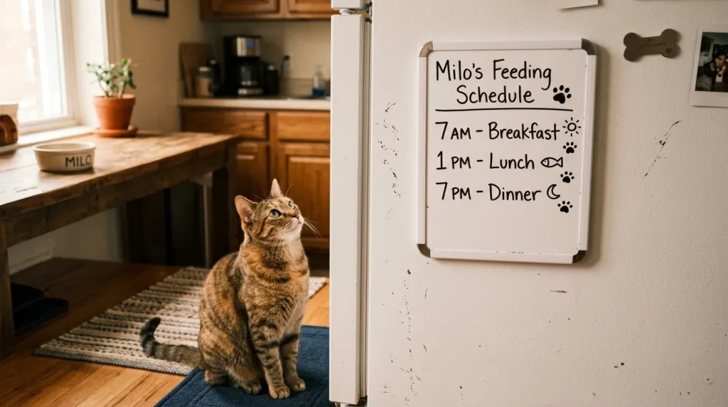 daily feeding schedule indoor cats — handwritten cat meal schedule on kitchen notepad with tabby cat looking up below