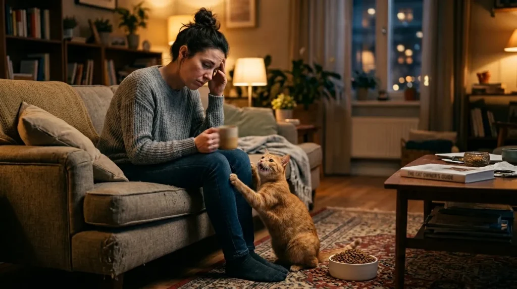 indoor cat feeding schedule mistakes — persistent cat begging owner on sofa between meals while full bowl visible in apartment