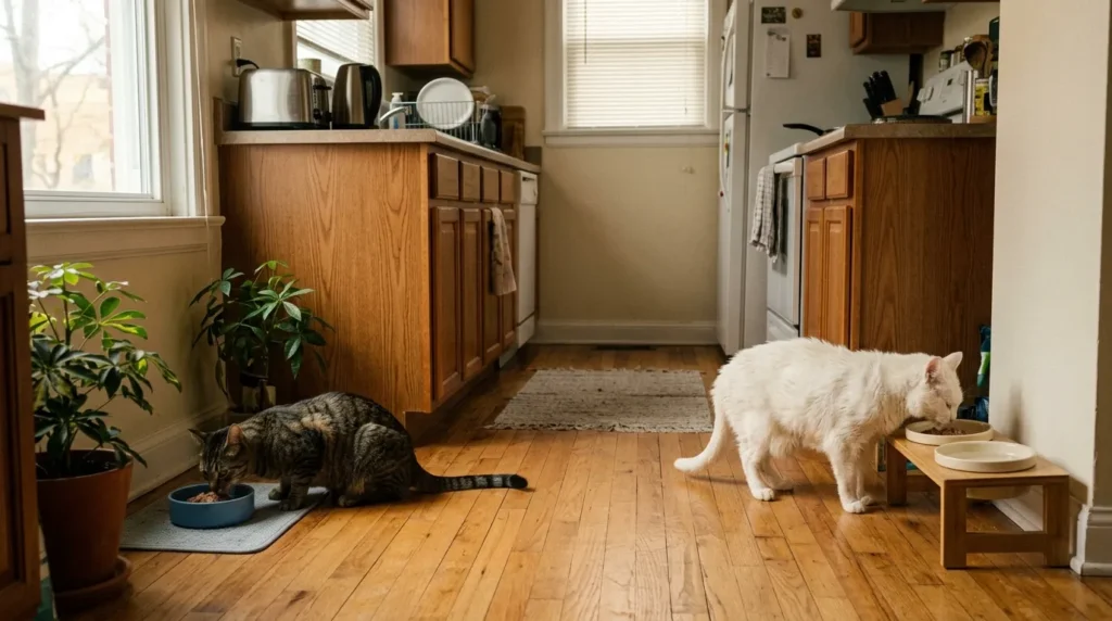 feeding schedule indoor cats multi-cat and senior — younger cat and senior cat eating at separate stations in apartment kitchen