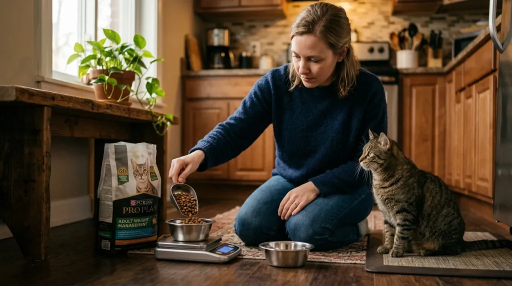 indoor cat feeding schedule portion control — owner weighing kibble on digital scale before placing in bowl with cat waiting