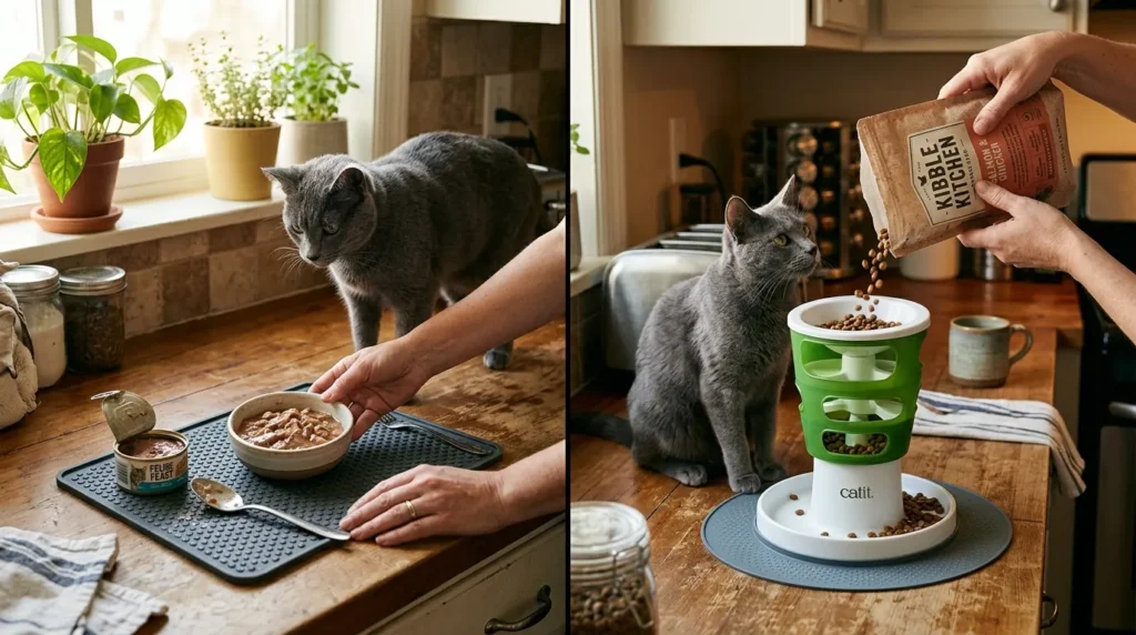 best feeding schedule indoor cats wet and dry combination — wet food morning meal and dry kibble puzzle feeder afternoon in apartment kitchen